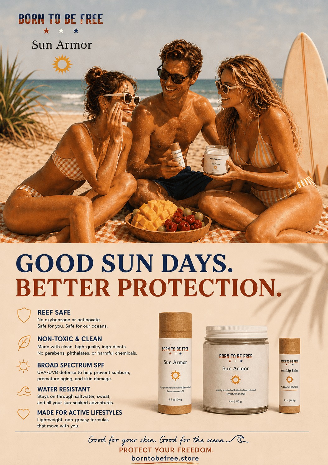 Born To Be Free Sun Armor mineral sunscreen shown at the beach with reef safe, non toxic sun protection made for active outdoor lifestyles.