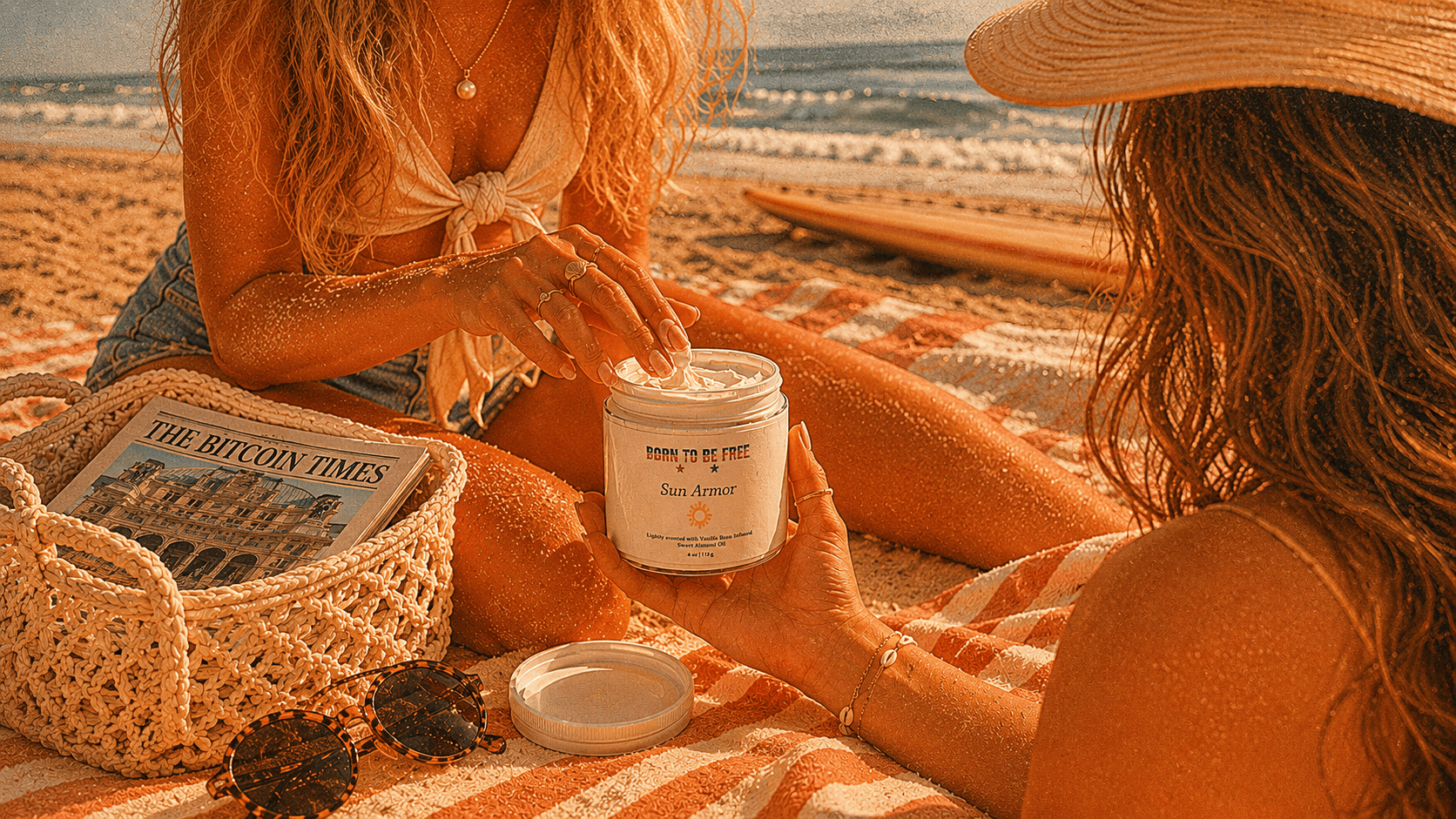 Born To Be Free Sun Armor tallow mineral sunscreen being applied at the beach for clean, non toxic sun protection.