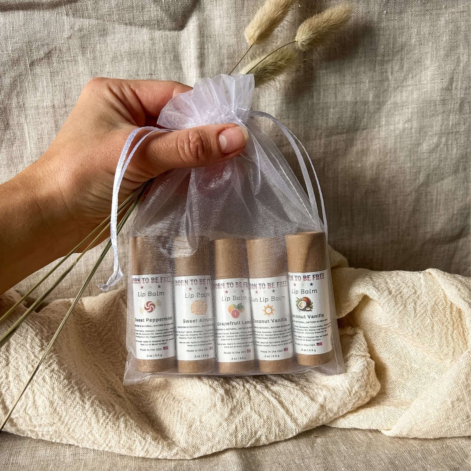 A hand holding a sheer bag containing The Balm Bundle with five all-natural lip balms in various flavors.