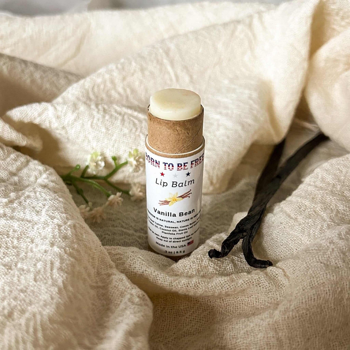 Vanilla Bean Lip Balm in a natural setting with vanilla pods and soft fabrics.